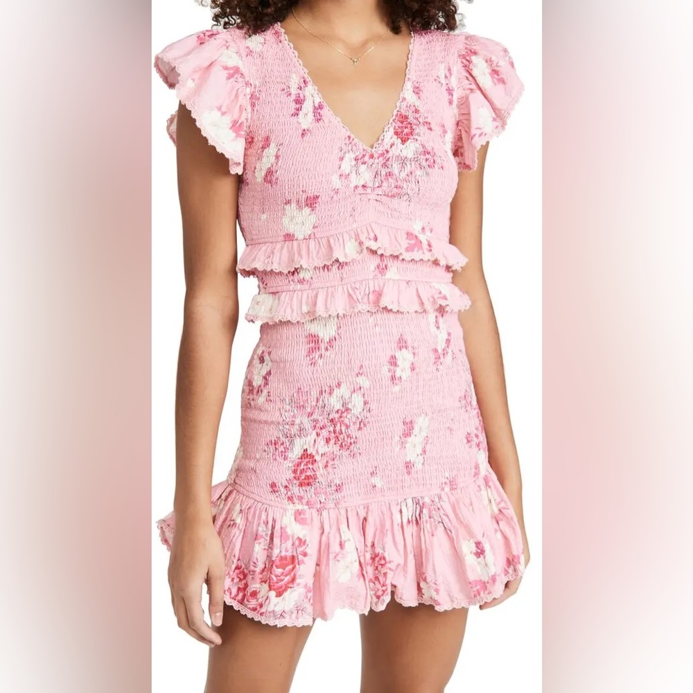 NWT LoveShackFancy Sonora Smock Mini Dress in Raspberry Pink Floral Print